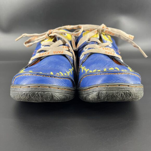 TMA Eyes Time Blue Leather Lace Up Sneakers Women’s 7 Yellow Stitching Shoes - Picture 2 of 16
